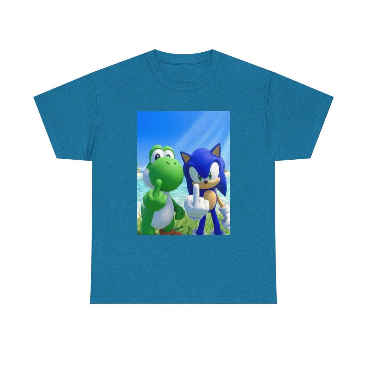 Yoshi And Sonic Flipping Birds On Beach Tee