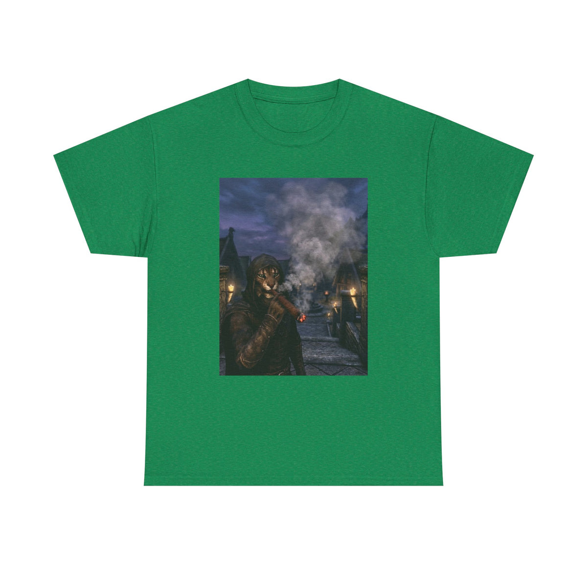 Khajiit Smokes Cigar In Medieval Alley Tee