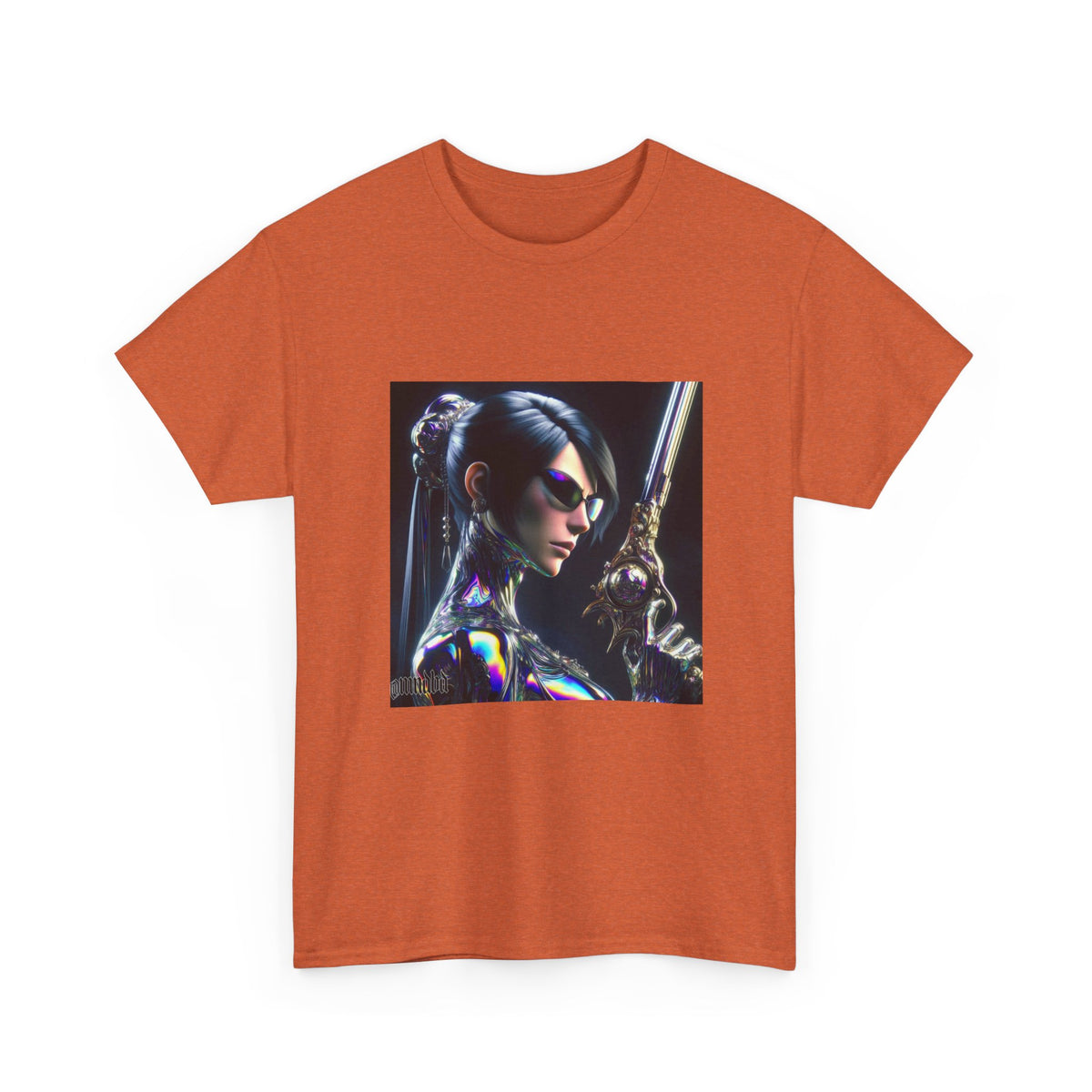 Chic Cyberpunk Huntress Wielding Rainbow Pistol