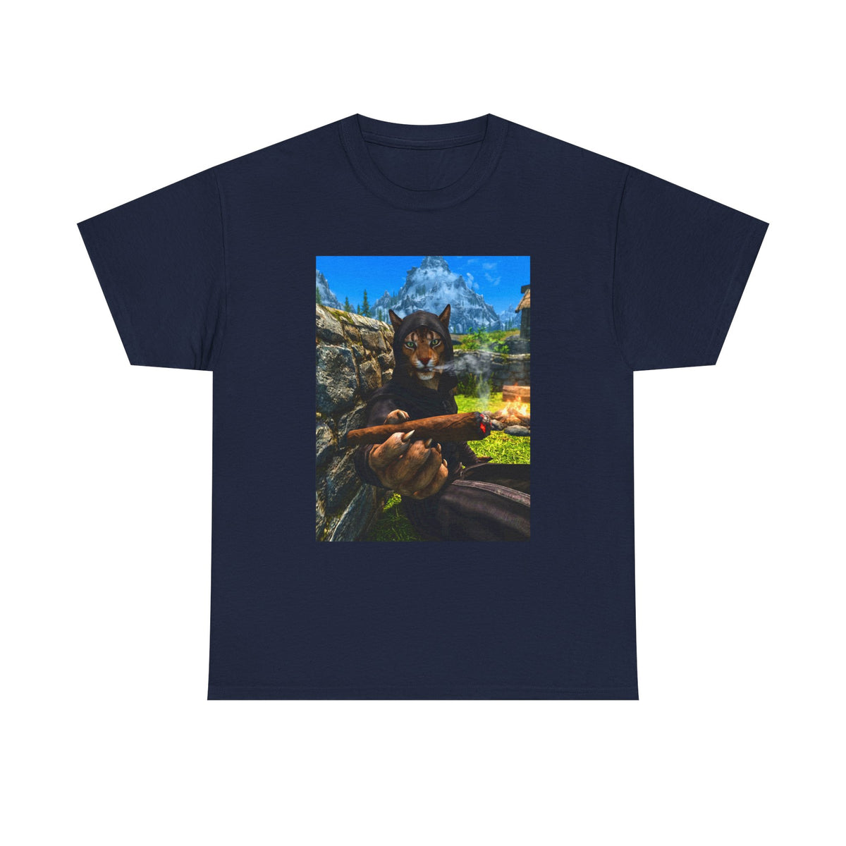 Khajiit Mage Smoking Cigar By Campfire Tee