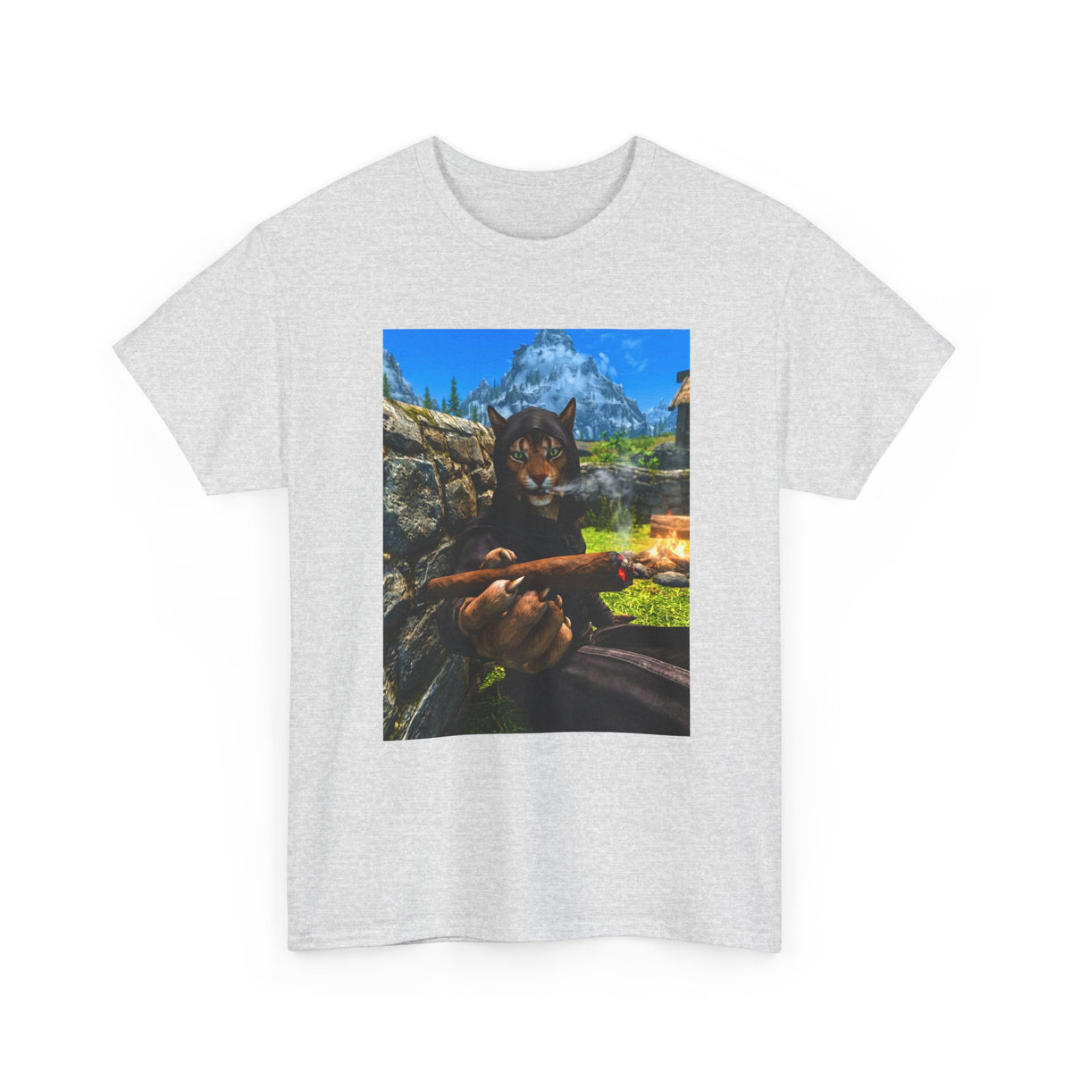 Khajiit Mage Smoking Cigar By Campfire Tee