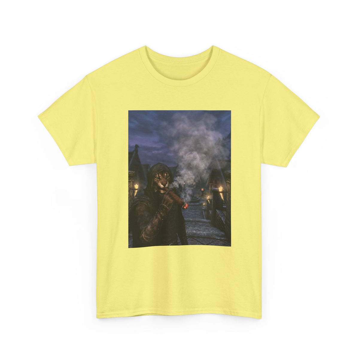 Khajiit Smokes Cigar In Medieval Alley Tee
