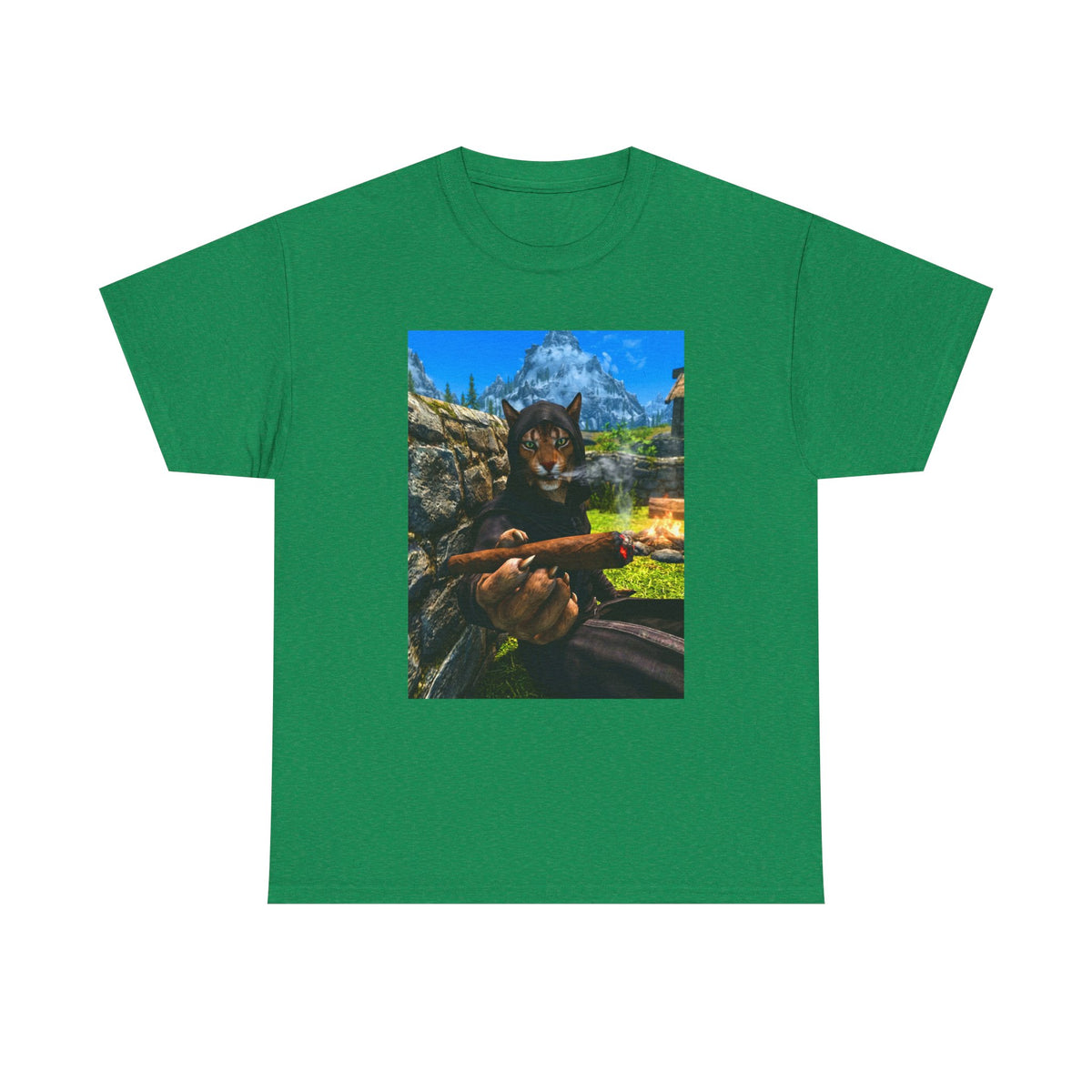 Khajiit Mage Smoking Cigar By Campfire Tee
