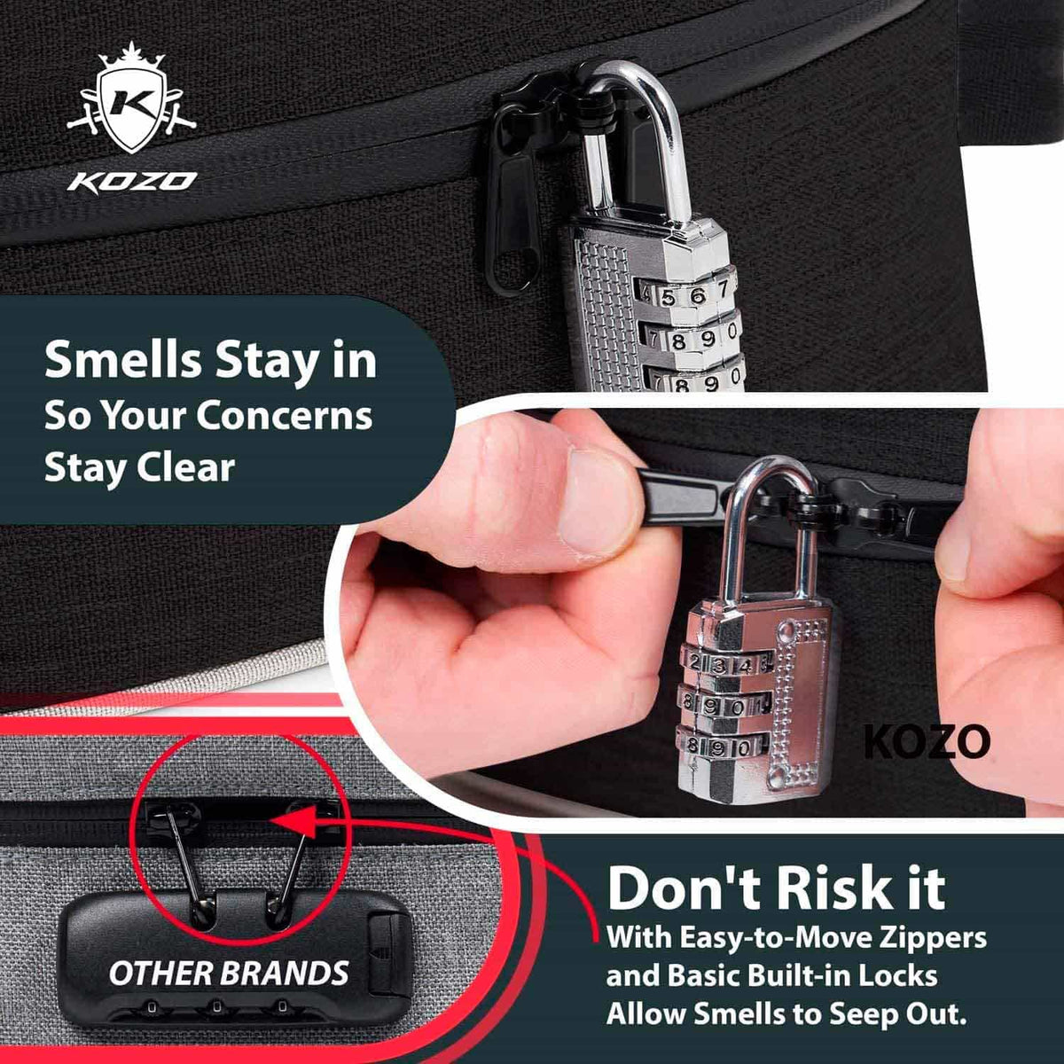 Kozo Black Smell-Proof Bag with Combo Lock and Dividers
