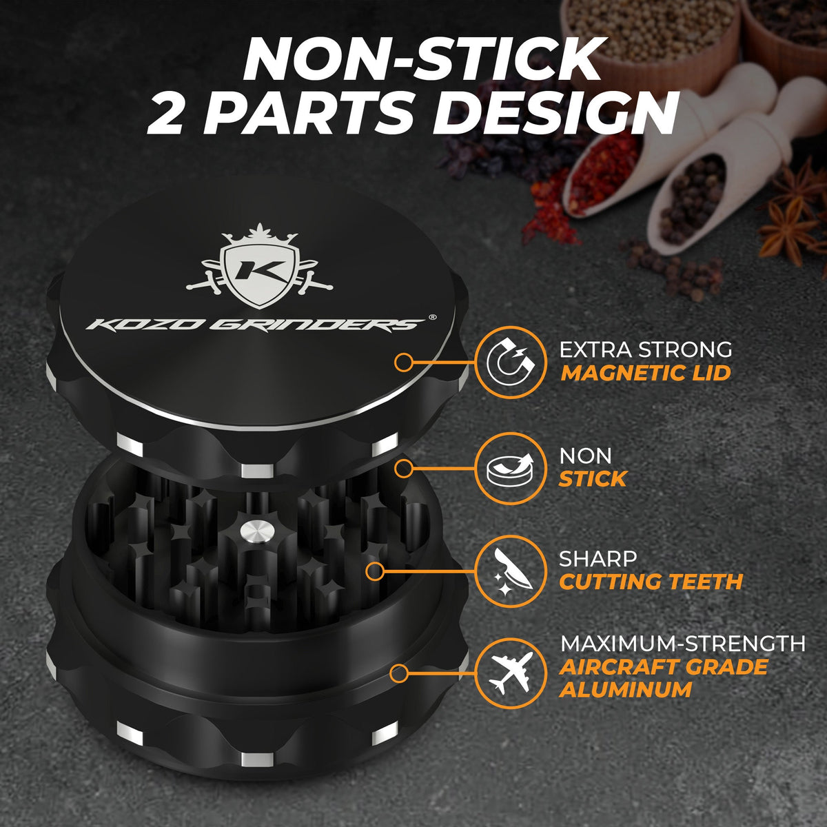 Kozo 2.5" 2-Piece Ceramic Non-Stick Aluminum Grinder