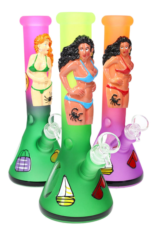Frosted Glass Beaker Bong “Beach Babe” – Glass-on-Glass – Ice Pinch – 10″
