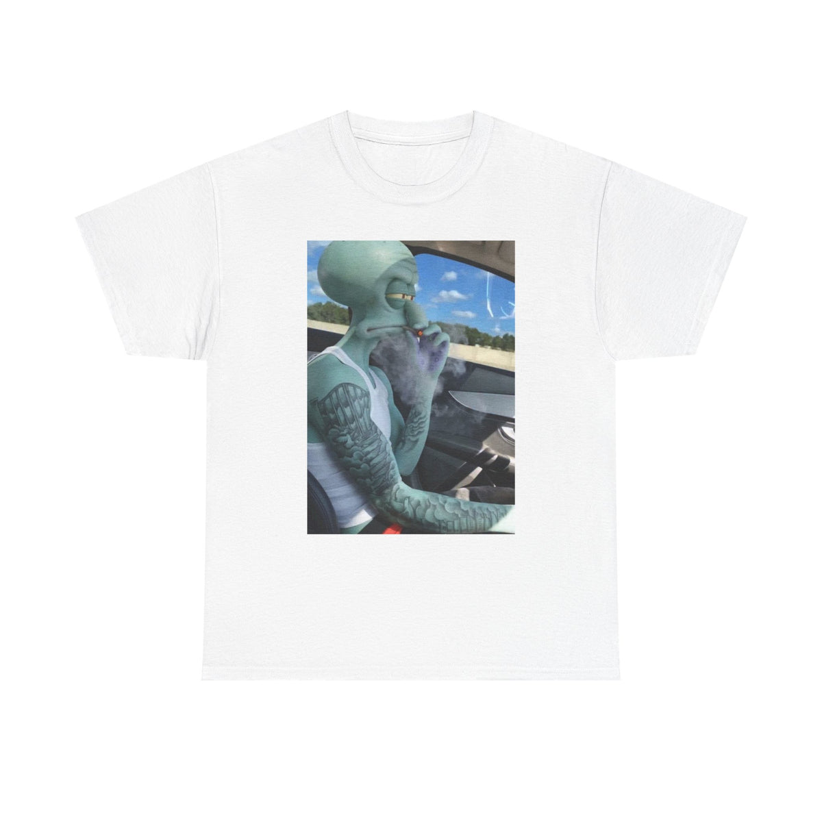 Tattooed Squidward Smoking Joint In Car