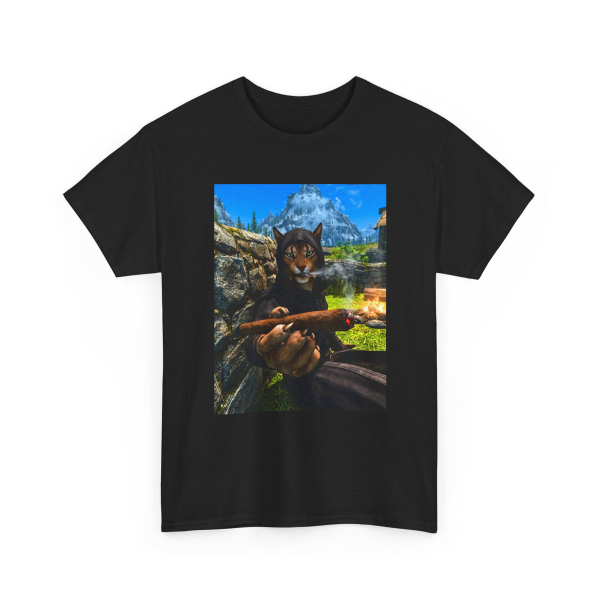 Khajiit Mage Smoking Cigar By Campfire Tee