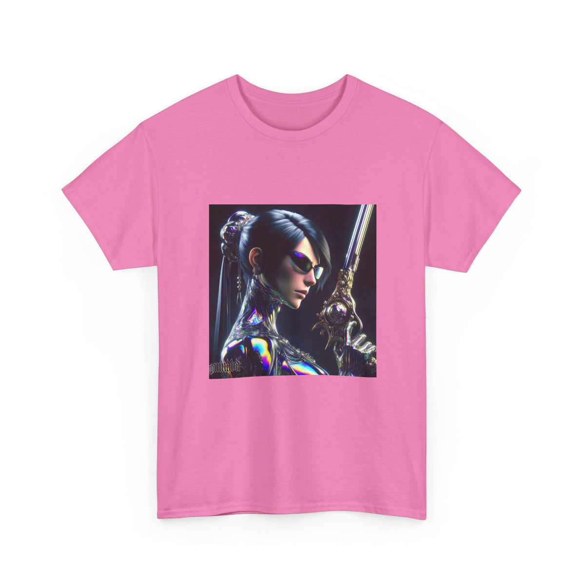 Chic Cyberpunk Huntress Wielding Rainbow Pistol