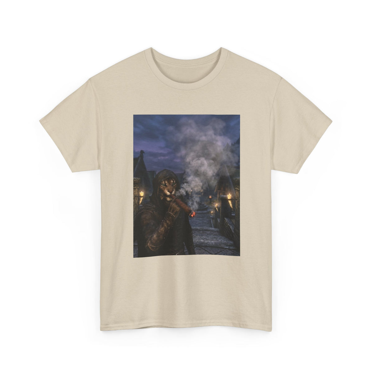 Khajiit Smokes Cigar In Medieval Alley Tee