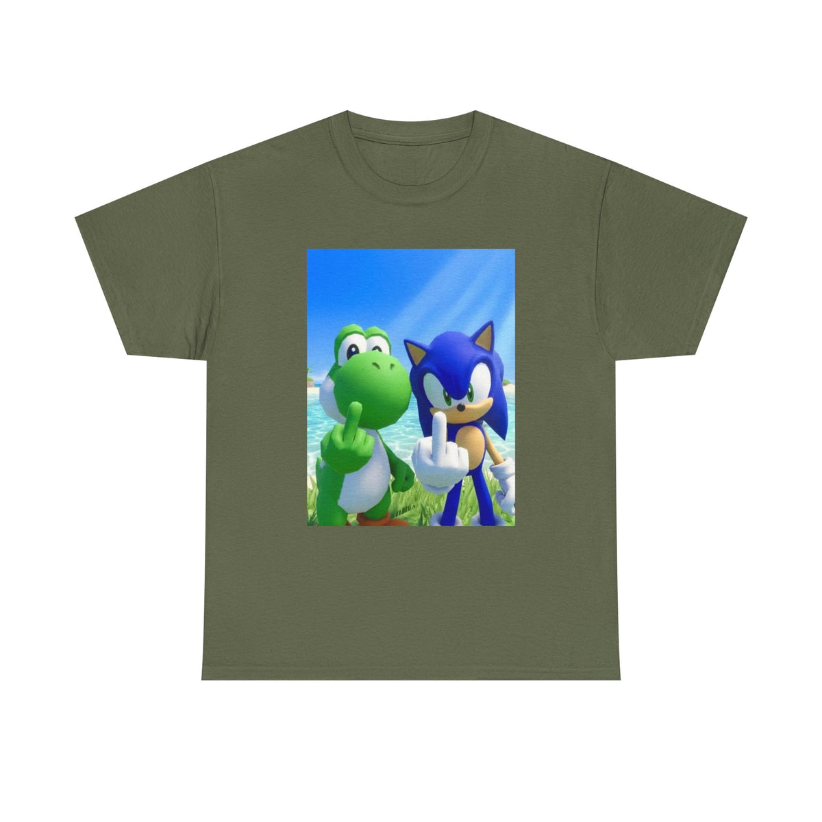 Yoshi And Sonic Flipping Birds On Beach Tee