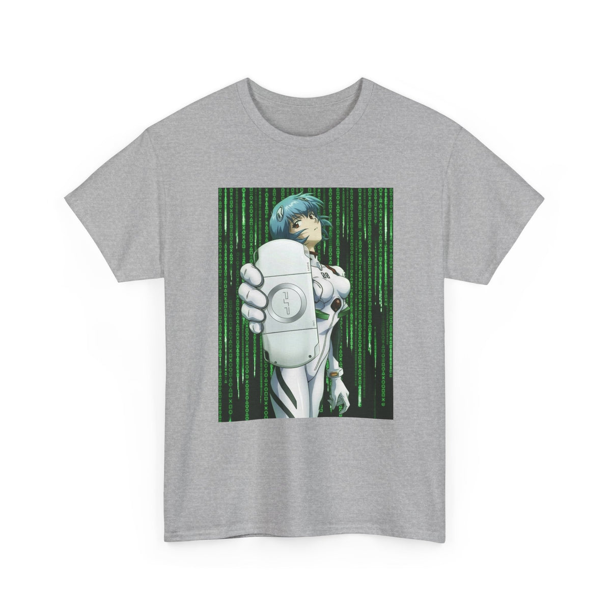 Rei Ayanami Holds PSP In Digital Rain