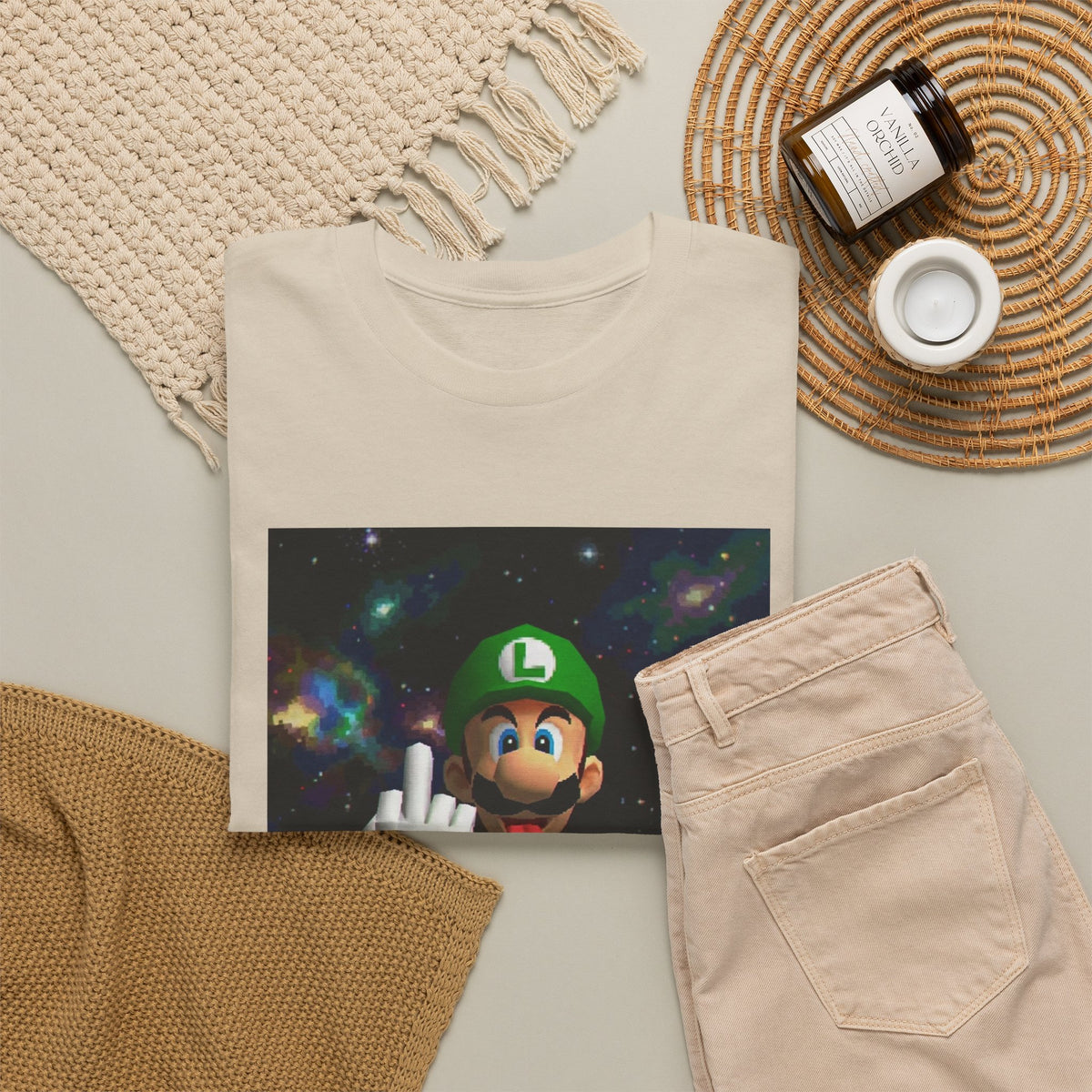 Luigi Flipping Off In Cosmic Vibe