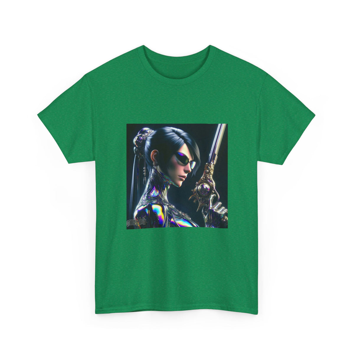 Chic Cyberpunk Huntress Wielding Rainbow Pistol