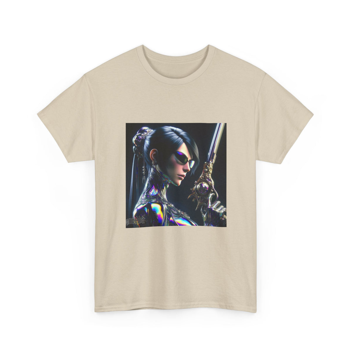 Chic Cyberpunk Huntress Wielding Rainbow Pistol