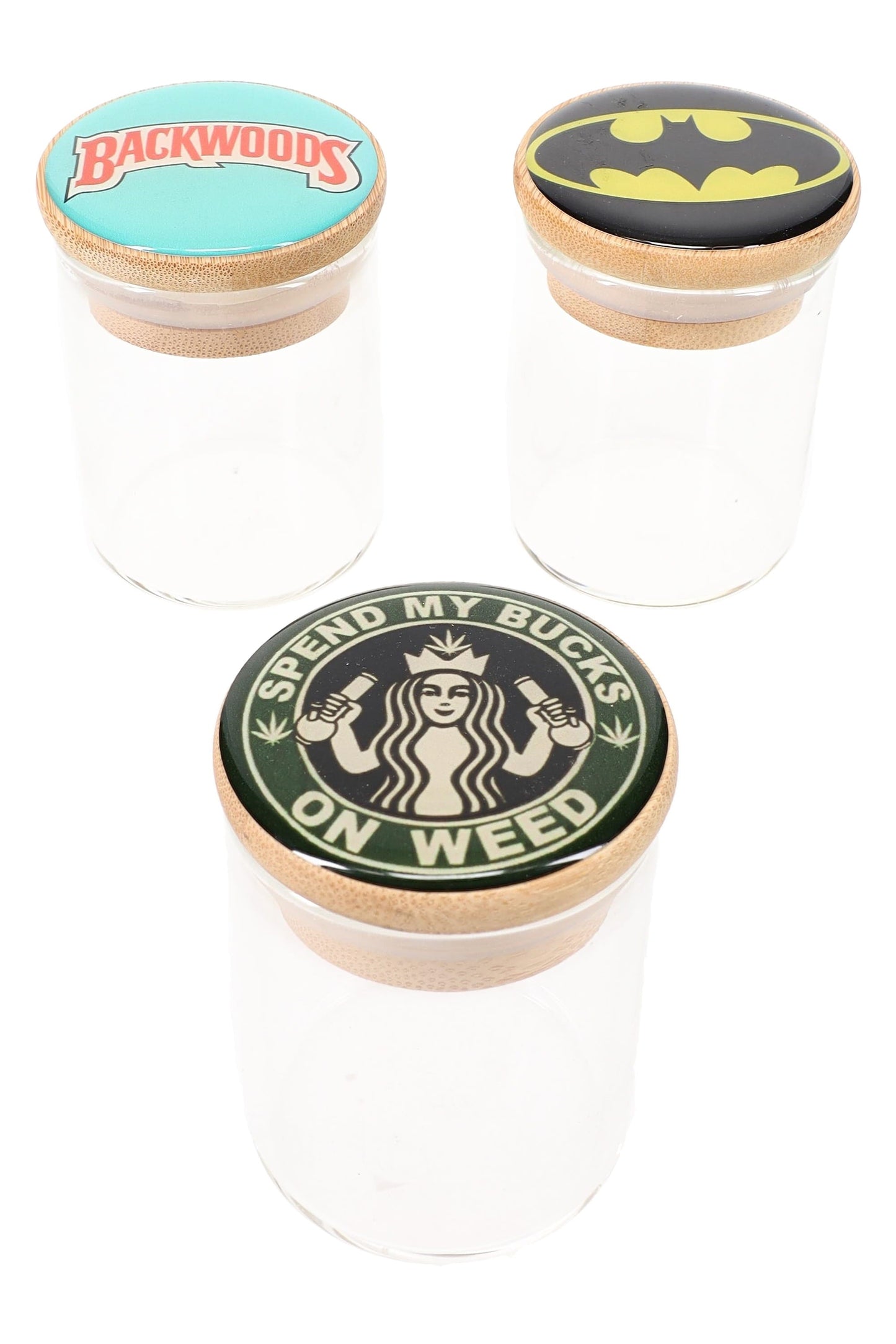 Glass Stash Jar – Bamboo Lid – Design Decal - Assorted Colors