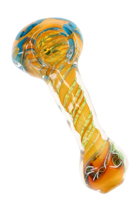 Gold Fumed Swirl Striped Spoon Pipe “Golden Spiral” – 4″ – Assorted Colors