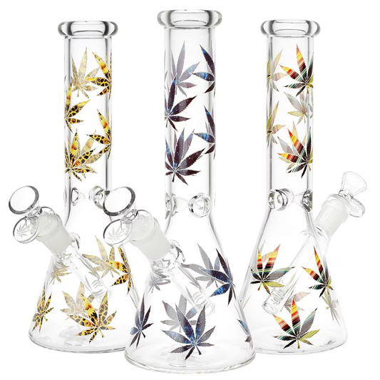 Stylized Hemp Leaf Glow in the Dark Glass Beaker Water Pipe | 10" | 14mm F | Designs Vary