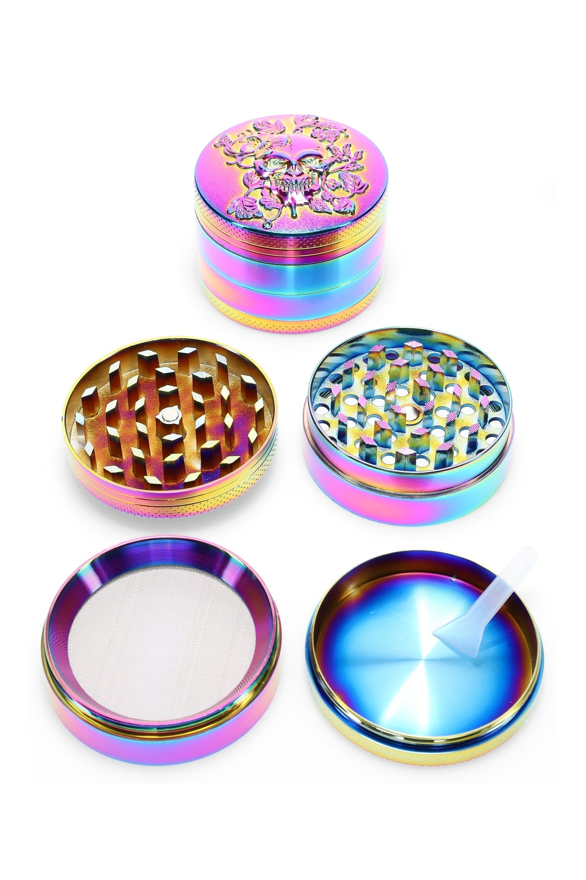 Rainbow Metal 4-Part Herb Grinder “Skull Bloom” – 2″ (52 mm)