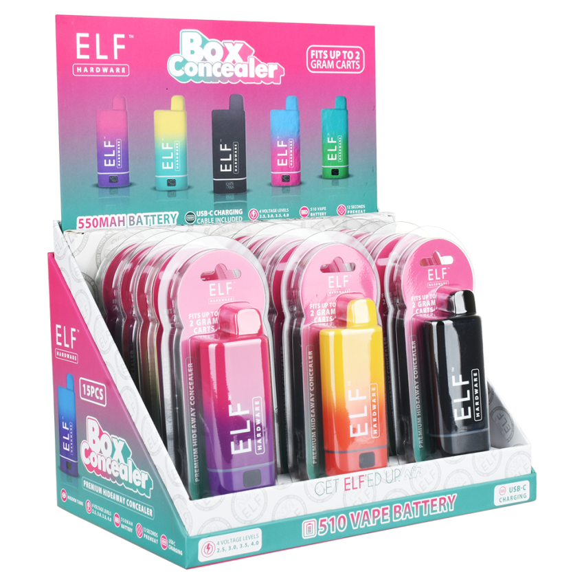 ELF Hardware Box Concealer 510 Cart Vape Battery | 550mAh | Assorted Colors | 15ct Display