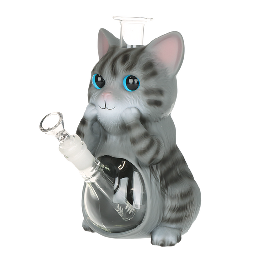 Gray Tabby Cat Glass & Vinyl Water Pipe | 9" | 14mm F