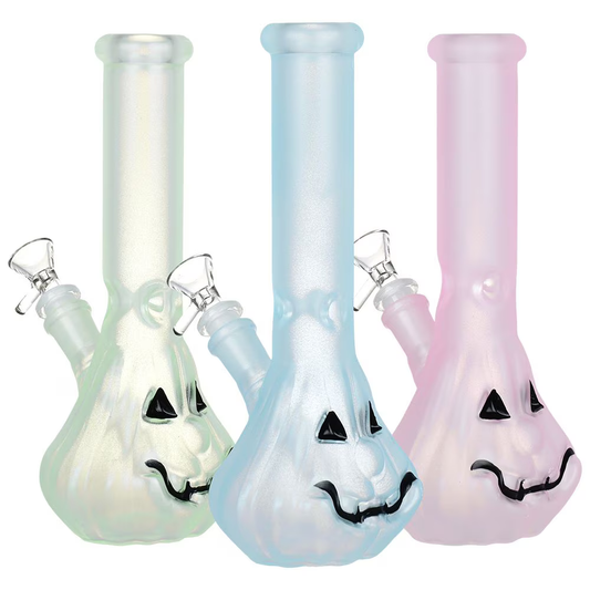 Jack-O-Lantern Glow In The Dark Glass Water Pipe | 9.25" | 14mm F | Colors Vary