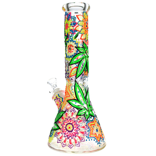 Mandala Hemp Leaf Beaker Water Pipe | 12.75" | 14mm F