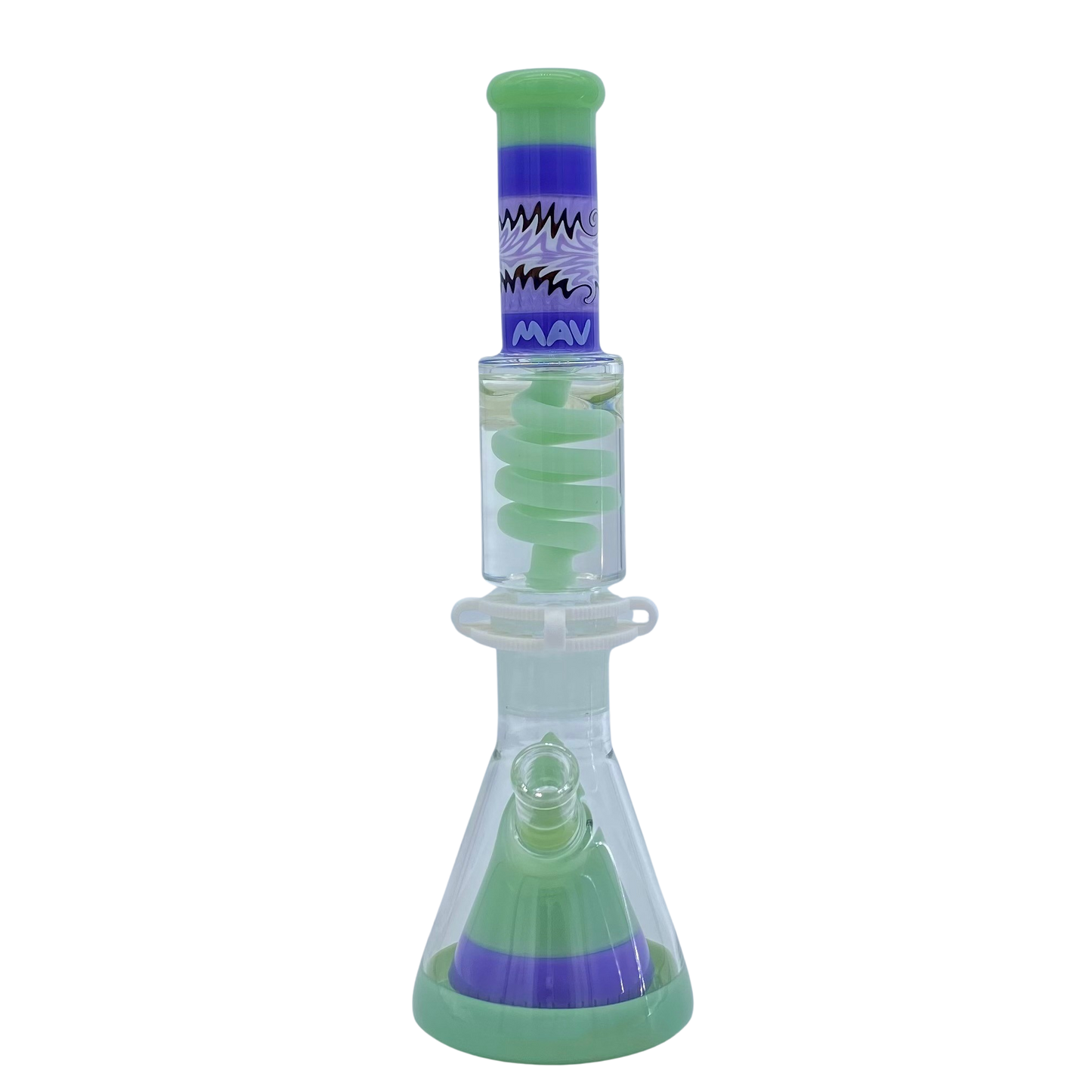 MAV Glass Reversal Wig Wag Seafoam And Purple Slitted Pyramid Beaker Freezable Coil System