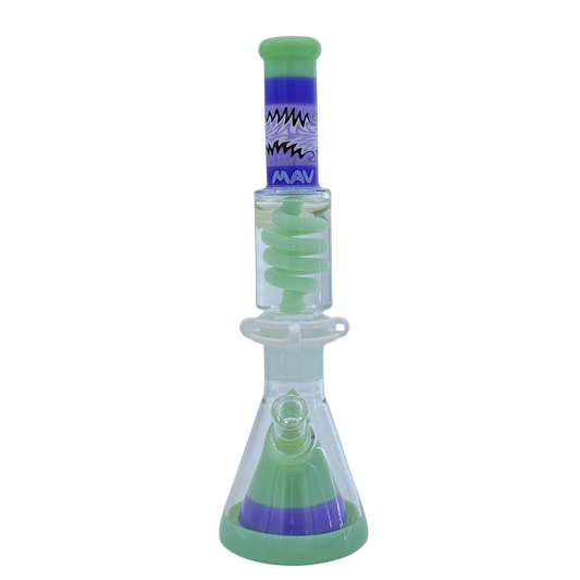 MAV Glass Reversal Wig Wag Seafoam And Purple Slitted Pyramid Beaker Freezable Coil System