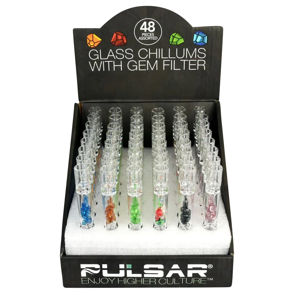 Pulsar Glass Chillums with Gem Filter - 48 Pack