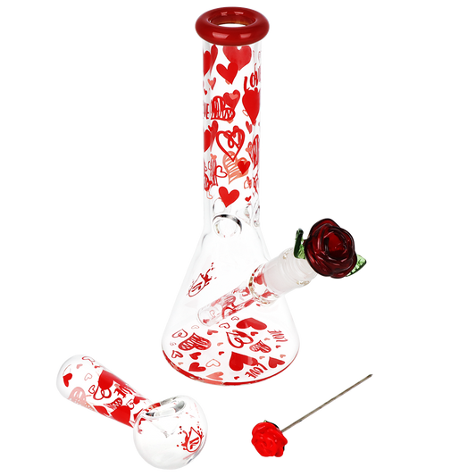 Pulsar Valentine's Hearts 'n' Roses Glass Herb Pipe Duo | 10" | 14mm F