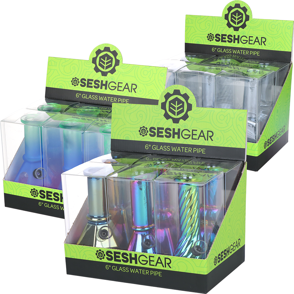 SeshGear Glass Mini Water Pipe | 6" | Grommet | Assorted Styles | 6ct Display