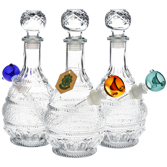 SeshGear Vintage Decanter Style Glass Water Pipe | Round Lotus | 10.75" | 14mm F | Colors Vary